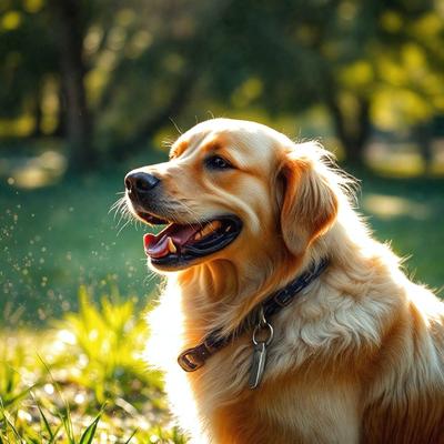 The primary subject of the image is a large, light-colored dog sitting in a grassy field. The dog appears to be enjoying the outdoors and is looking at the camera. The setting is a lush green field with trees in the background, creating a serene and natural atmosphere. The visual style of the image is a photo, capturing the dog in its natural environment. The colors in the image are predominantly green and brown, reflecting the natural surroundings.